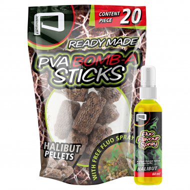 Pelzer PVA Bomb-A-Sticks (Halibut Pellets) + Fluo Flavour Spray