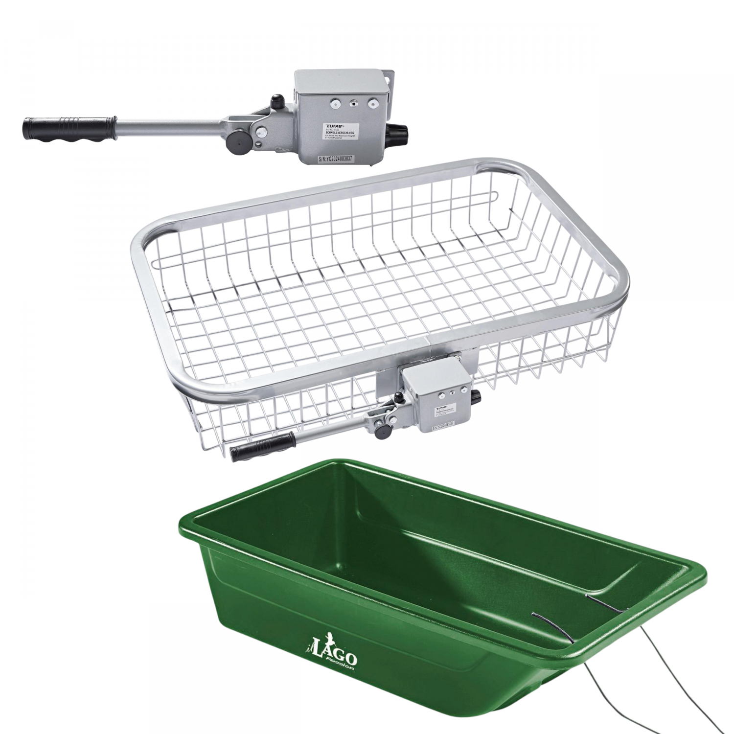 Als Set Heckträger-Korb + Anhängerkupplung-Schnellverschluss + Wildwanne Hunter Pro 