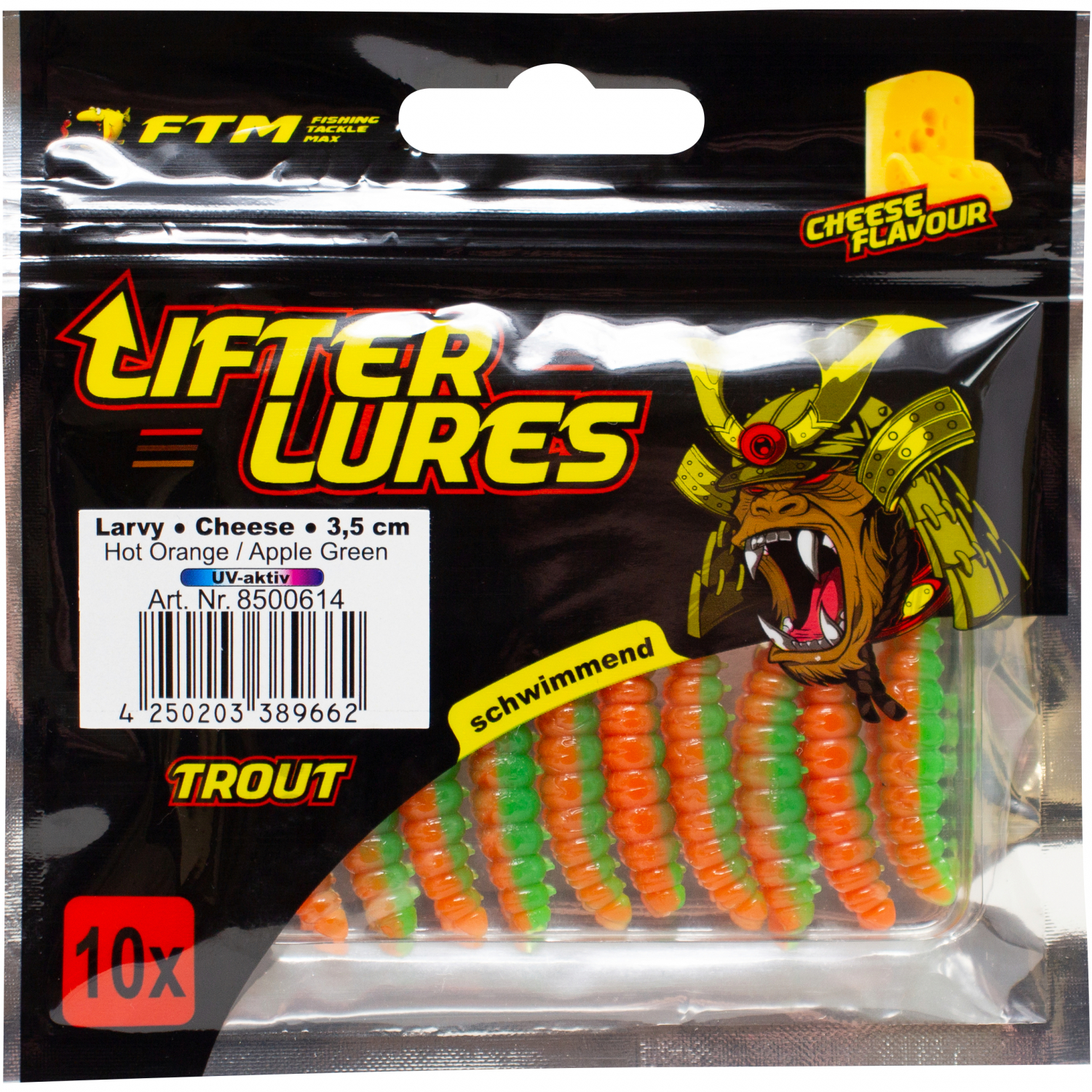 FTM Lifter Lures Larvy, Hot Orange/Apple Green  