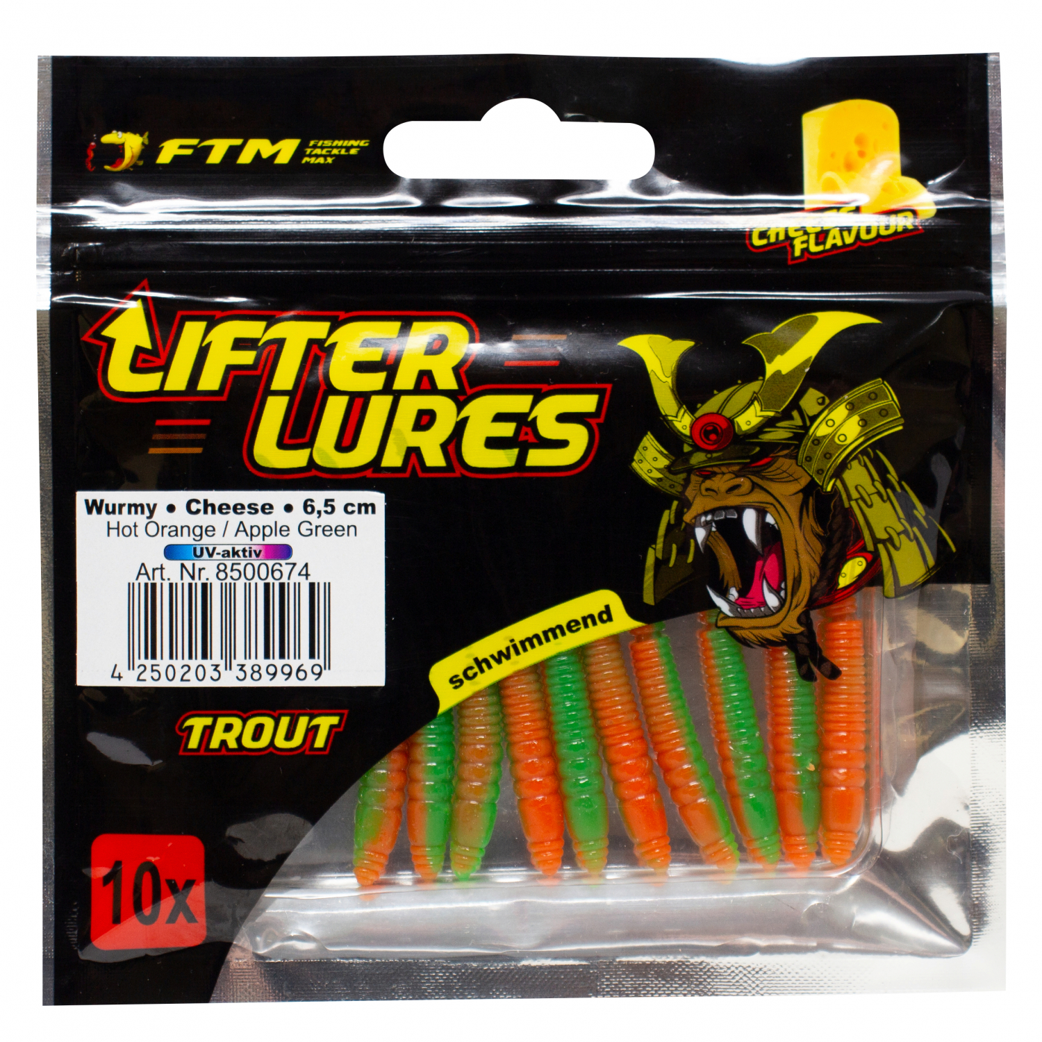 FTM Lifter Lures Wurmy, Hot Orange/Apple Green 