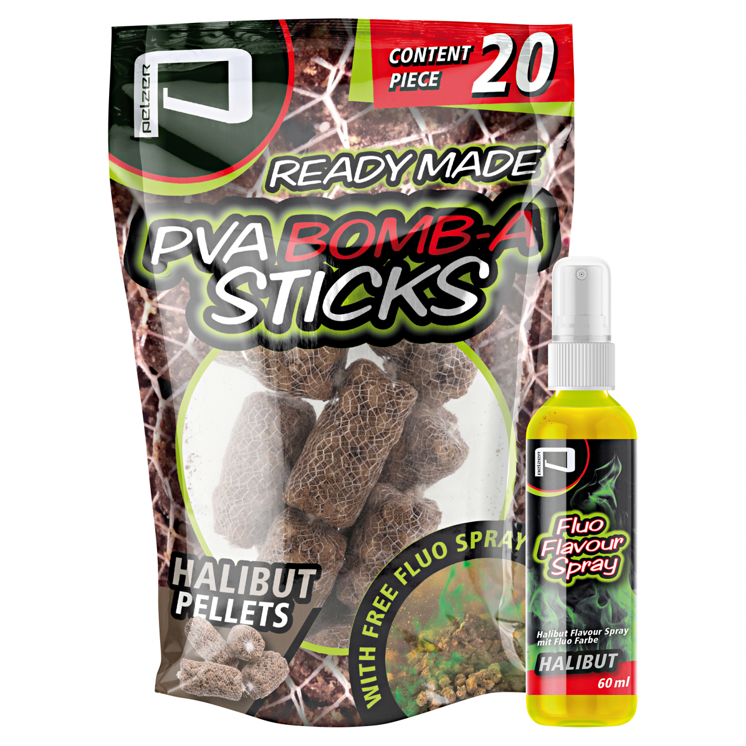 Pelzer PVA Bomb-A-Sticks (Halibut Pellets) + Fluo Flavour Spray 