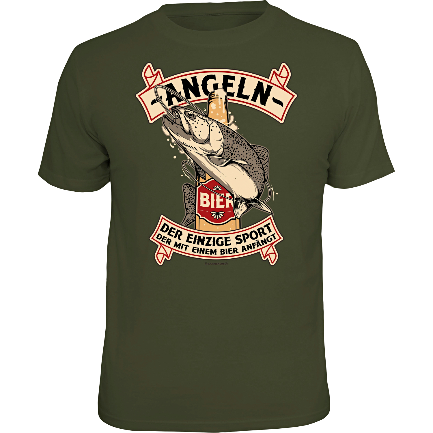 Rahmenlos Herren "Angeln - Der einzige Sport, der mit einem Bier anfängt" T-Shirt Herren (Oliv) 