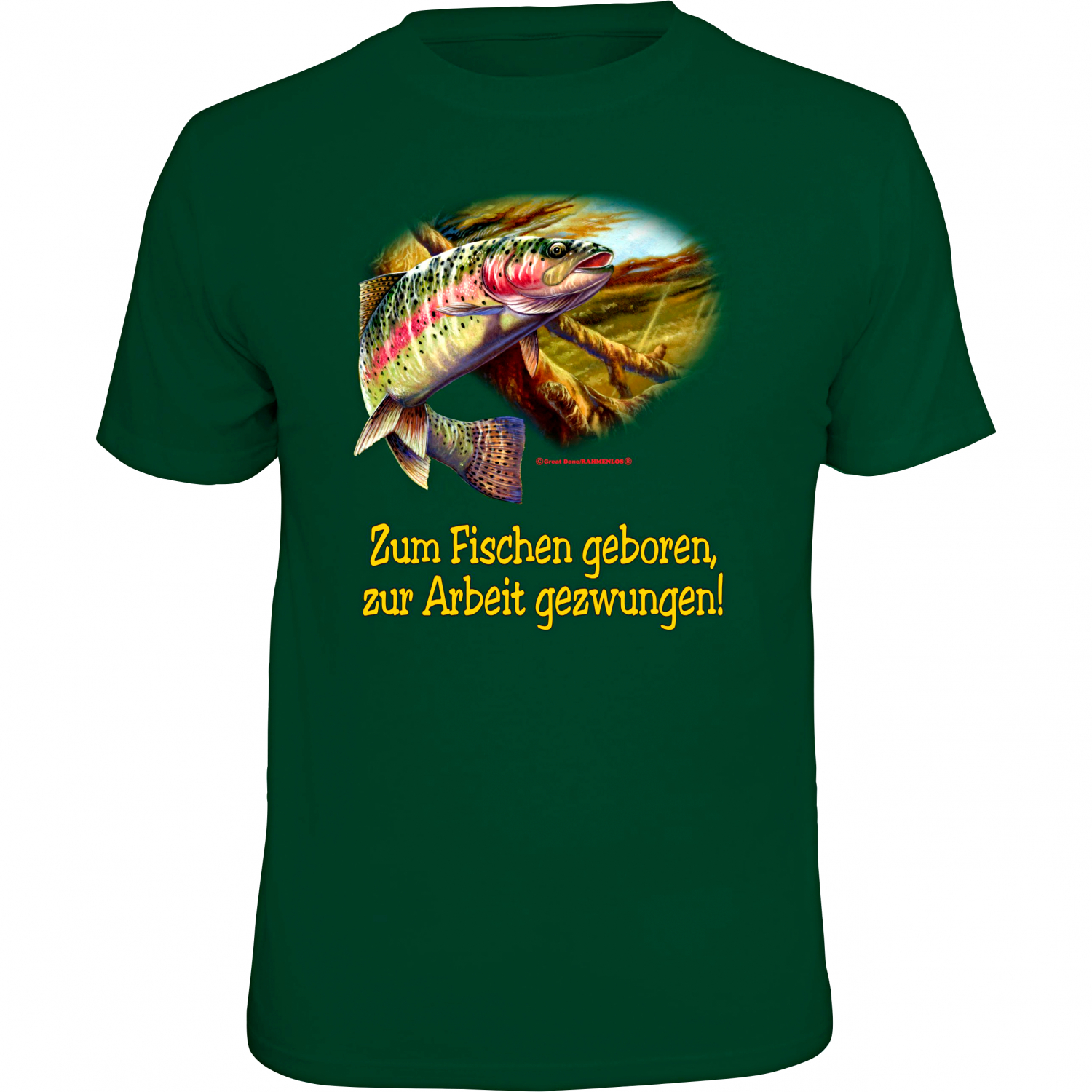 Rahmenlos "Zum Fischen geboren, zur Arbeit gezwungen" T-Shirt Herren (Grün) 