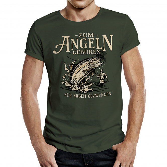 Rahmenlos Herren "Zum Angeln geboren - zur Arbeit gezwungen" T-Shirt Herren (Oliv) 