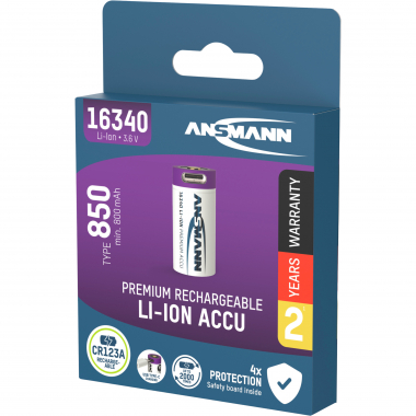 Ansmann Li-Ion Akku 16340 / RCR123 850 mAh (mit USB-C Ladebuchse)