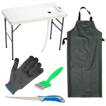  Set: Filetier-Tisch, PVC Schürze, Filetiermesser, Grätenkamm + Filetierhandschuh