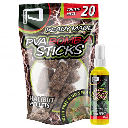 Pelzer PVA Bomb-A-Sticks (Halibut Pellets) + Fluo Flavour Spray